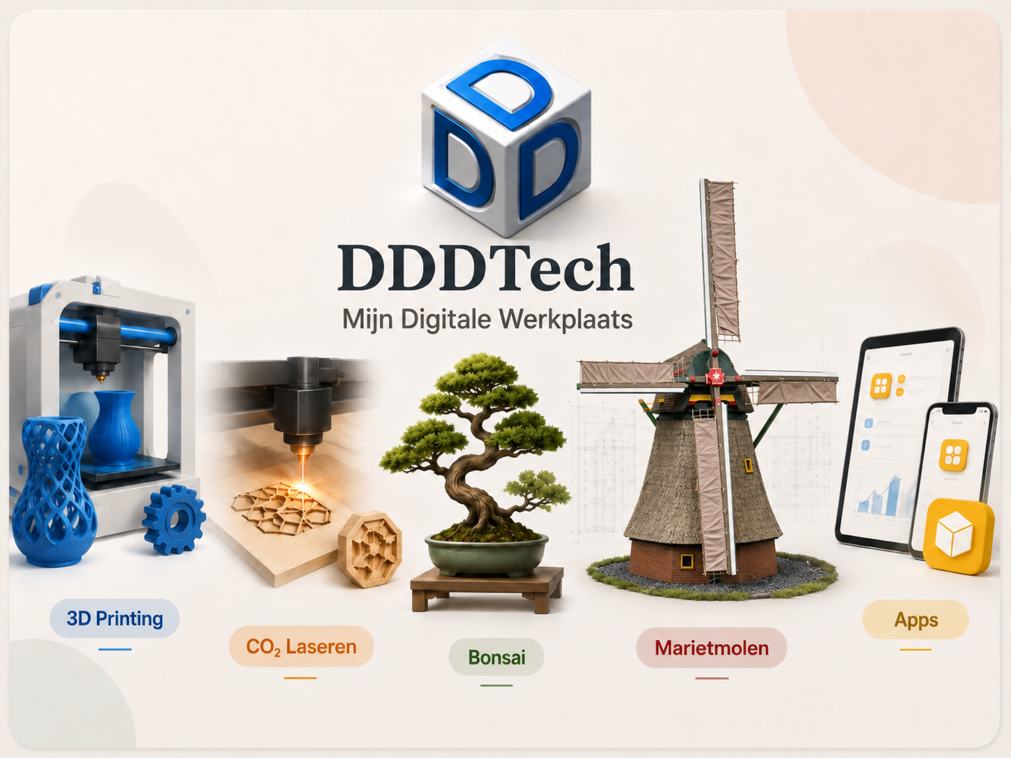 DDDTech overzicht met 3D Printing, CO₂ Laseren, Bonsai, Marietmolen en Apps